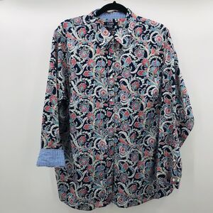 Chaps No Iron Women's Size 2X Blue Floral Long Sleeve Button Down Collared Shirt